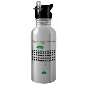 Space invaders, Water bottle Silver with straw, stainless steel 600ml