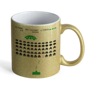 Space invaders, Κούπα Χρυσή Glitter που γυαλίζει, κεραμική, 330ml