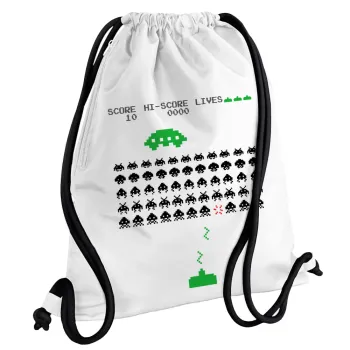 Space invaders, Backpack pouch GYMBAG white, with pocket (40x48cm) & thick cords