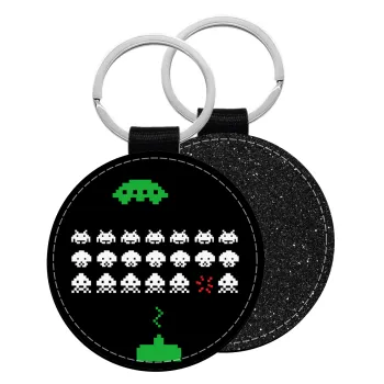 Space invaders, Μπρελόκ Δερματίνη, στρογγυλό ΜΑΥΡΟ (5cm)