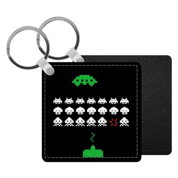 Space invaders, Μπρελόκ Δερματίνη, τετράγωνο ΜΑΥΡΟ (5x5cm)