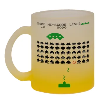 Space invaders, Κούπα γυάλινη δίχρωμη με βάση το κίτρινο ματ, 330ml