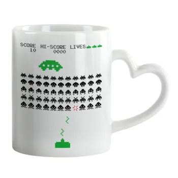 Space invaders, Κούπα καρδιά χερούλι λευκή, κεραμική, 330ml