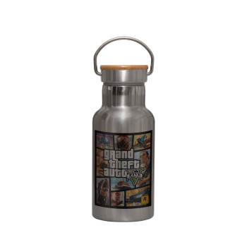GTA V, Μεταλλικό παγούρι θερμός (Stainless steel) Ασημένιο με ξύλινο καπακι (bamboo), διπλού τοιχώματος, 350ml