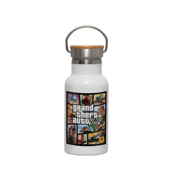 GTA V, Μεταλλικό παγούρι θερμός (Stainless steel) Λευκό με ξύλινο καπακι (bamboo), διπλού τοιχώματος, 350ml