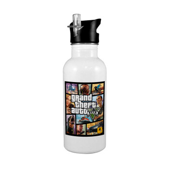 GTA V, White water bottle with straw, stainless steel 600ml