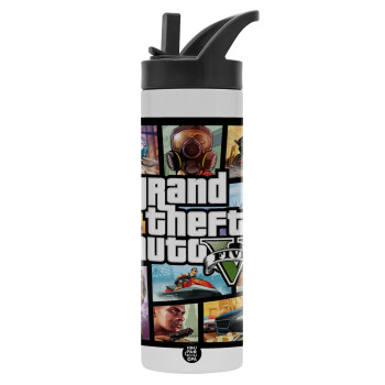 GTA V, Metallic thermos bottle with straw & handle, stainless steel (Stainless steel 304), double-walled, 600ml.