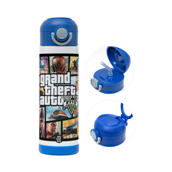 GTA V, Children's hot water bottle, stainless steel, with safety straw, BLUE (500ml)