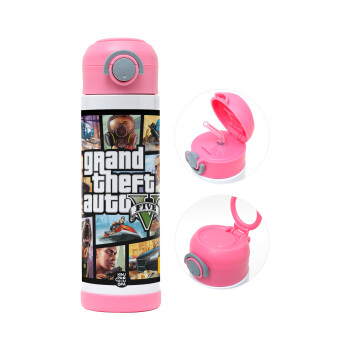 GTA V, Children's hot water bottle, stainless steel, with safety straw, PINK (500ml)
