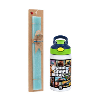 GTA V, Easter Set, Children's thermal stainless steel bottle with safety straw, green/blue (350ml) & aromatic flat Easter candle (30cm) (TURQUOISE)