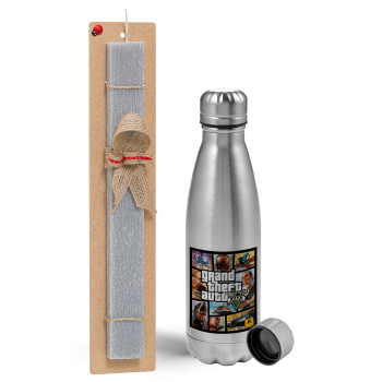 GTA V, Easter Set, metallic Inox water bottle (750ml) & aromatic flat Easter candle (30cm) (GRAY)
