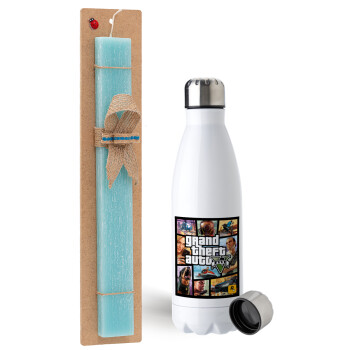 GTA V, Easter Set, metallic stainless steel water bottle (750ml) & aromatic flat Easter candle (30cm) (TURQUOISE)