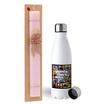 GTA V, Easter Set, metallic stainless steel water bottle (750ml) & scented flat Easter candle (30cm) (PINK)
