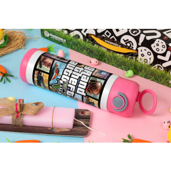 GTA V, Easter candle, Childrens hot water bottle, stainless steel, with safety straw, PINK (500ml)
