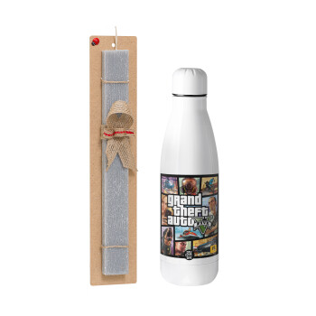 GTA V, Easter Set, metallic stainless thermos bottle (500ml) & scented flat Easter candle (30cm) (GRAY)