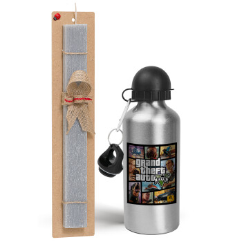 GTA V, Easter Set, metallic silver aluminum water bottle (500ml) & aromatic flat Easter candle (30cm) (GRAY)