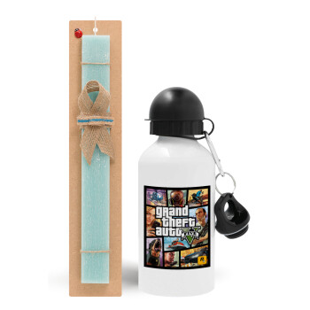 GTA V, Easter Set, metallic aluminum water bottle (500ml) & scented flat candle (30cm) (TURQUOISE)