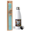 Easter Set, metallic stainless steel water bottle (750ml) & aromatic flat Easter candle (30cm) (TURQUOISE)