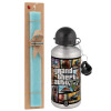 Easter Set, metallic silver aluminum water bottle (500ml) & scented flat Easter candle (30cm) (TURQUOISE)