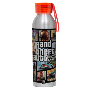 GTA V, Αλουμινένιο Αθλητικό Μπουκάλι 650ml – Ασημί με Κόκκινο Καπάκι και Λουράκι Σιλικόνης