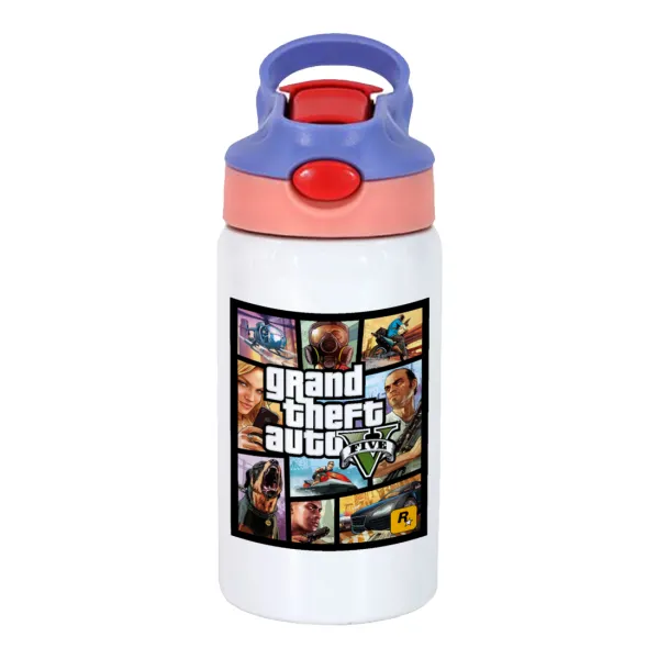 GTA V — Children's hot water bottle, stainless steel, with safety straw, pink/purple (350ml)