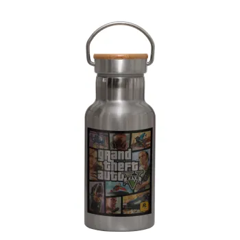 GTA V, Μεταλλικό παγούρι θερμός (Stainless steel) Ασημένιο με ξύλινο καπακι (bamboo), διπλού τοιχώματος, 350ml