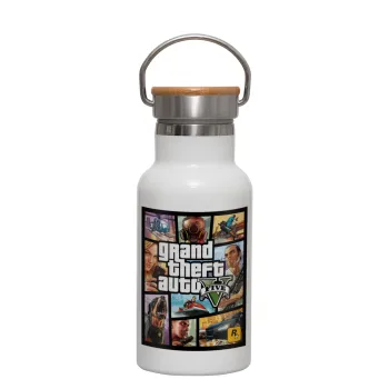 GTA V, Μεταλλικό παγούρι θερμός (Stainless steel) Λευκό με ξύλινο καπακι (bamboo), διπλού τοιχώματος, 350ml