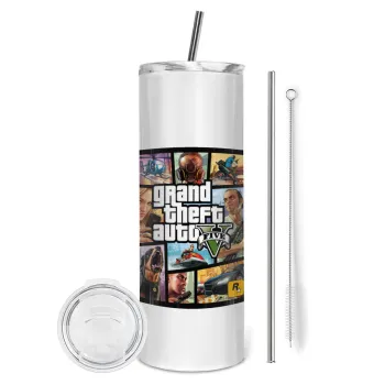 GTA V, Tumbler ποτήρι θερμό από ανοξείδωτο ατσάλι 600ml, με μεταλλικό καλαμάκι & βούρτσα καθαρισμού
