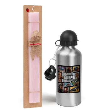 GTA V, Easter Set, metallic Silver aluminum water bottle (500ml) & scented flat Easter candle (30cm) (PINK)