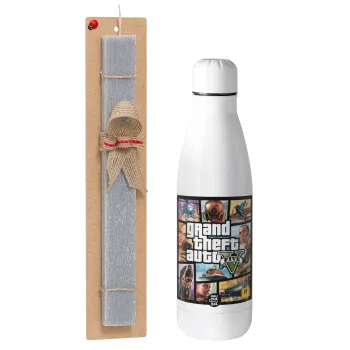 GTA V, Easter Set, metallic stainless thermos bottle (500ml) & scented flat Easter candle (30cm) (GRAY)