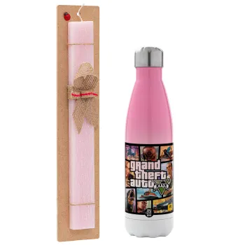 GTA V, Easter Set, Metallic pink/white (Stainless steel) thermos, double-walled, 500ml & aromatic flat Easter candle (30cm) (PINK)