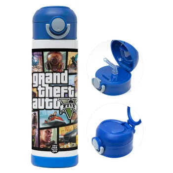 GTA V, Παιδικό παγούρι θερμό, ανοξείδωτο, με καλαμάκι ασφαλείας, ΜΠΛΕ (500ml)