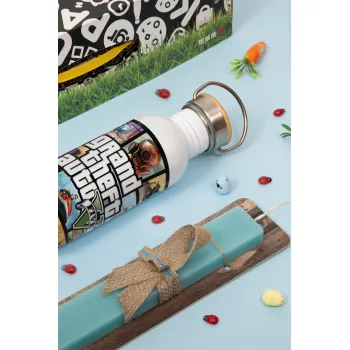 GTA V, Easter Set, metallic silver aluminum water bottle (500ml) & scented flat Easter candle (30cm) (TURQUOISE)
