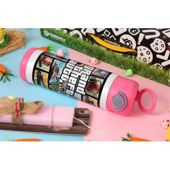 GTA V, Easter candle, Childrens hot water bottle, stainless steel, with safety straw, PINK (500ml)