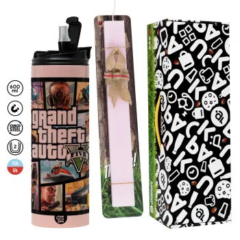 GTA V, Easter candle,Travel Tumbler 2 Lids, with metal straw & cleaning brush & aromatic flat candle (30cm) (PINK)