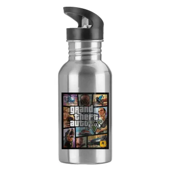 GTA V, Παγούρι νερού Ασημένιο με καλαμάκι, ανοξείδωτο ατσάλι 600ml