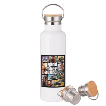 GTA V, Μεταλλικό παγούρι θερμός (Stainless steel) Λευκό με ξύλινο καπάκι (bamboo), διπλού τοιχώματος, 750ml