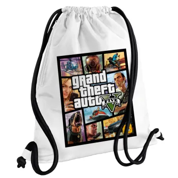 GTA V, Backpack pouch GYMBAG white, with pocket (40x48cm) & thick cords