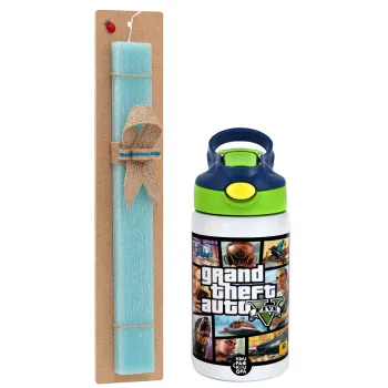 GTA V, Easter Set, Children's thermal stainless steel bottle with safety straw, green/blue (350ml) & aromatic flat Easter candle (30cm) (TURQUOISE)
