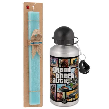 GTA V, Easter Set, metallic silver aluminum water bottle (500ml) & scented flat Easter candle (30cm) (TURQUOISE)