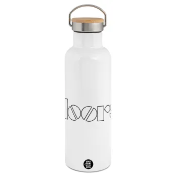 The Doors, Μεταλλικό παγούρι θερμός (Stainless steel) Λευκό με ξύλινο καπάκι (bamboo), διπλού τοιχώματος, 750ml