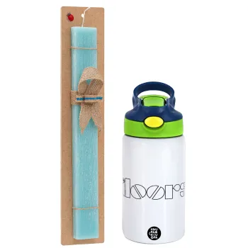 The Doors, Easter Set, Children's thermal stainless steel bottle with safety straw, green/blue (350ml) & aromatic flat Easter candle (30cm) (TURQUOISE)
