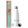 Easter Set, metallic stainless steel water bottle (750ml) & aromatic flat Easter candle (30cm) (TURQUOISE)