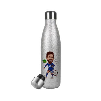 Lionel Messi drawing, Μεταλλικό παγούρι θερμός Glitter Aσημένιο (Stainless steel), διπλού τοιχώματος, 500ml