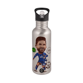 Lionel Messi drawing, Water bottle Silver with straw, stainless steel 600ml