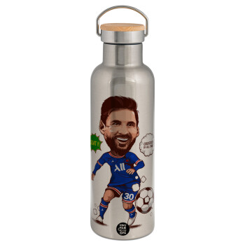 Lionel Messi drawing, Stainless steel Silver with wooden lid (bamboo), double wall, 750ml