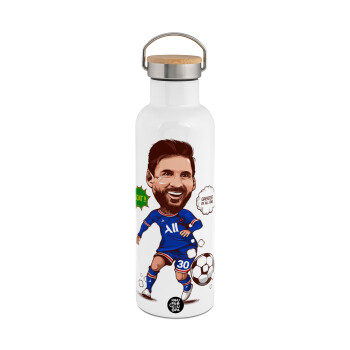 Lionel Messi drawing, Stainless steel White with wooden lid (bamboo), double wall, 750ml
