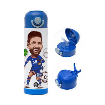 Lionel Messi drawing, Children's hot water bottle, stainless steel, with safety straw, BLUE (500ml)