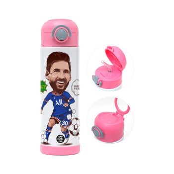 Lionel Messi drawing, Children's hot water bottle, stainless steel, with safety straw, PINK (500ml)