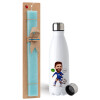 Easter Set, metallic stainless steel water bottle (750ml) & aromatic flat Easter candle (30cm) (TURQUOISE)